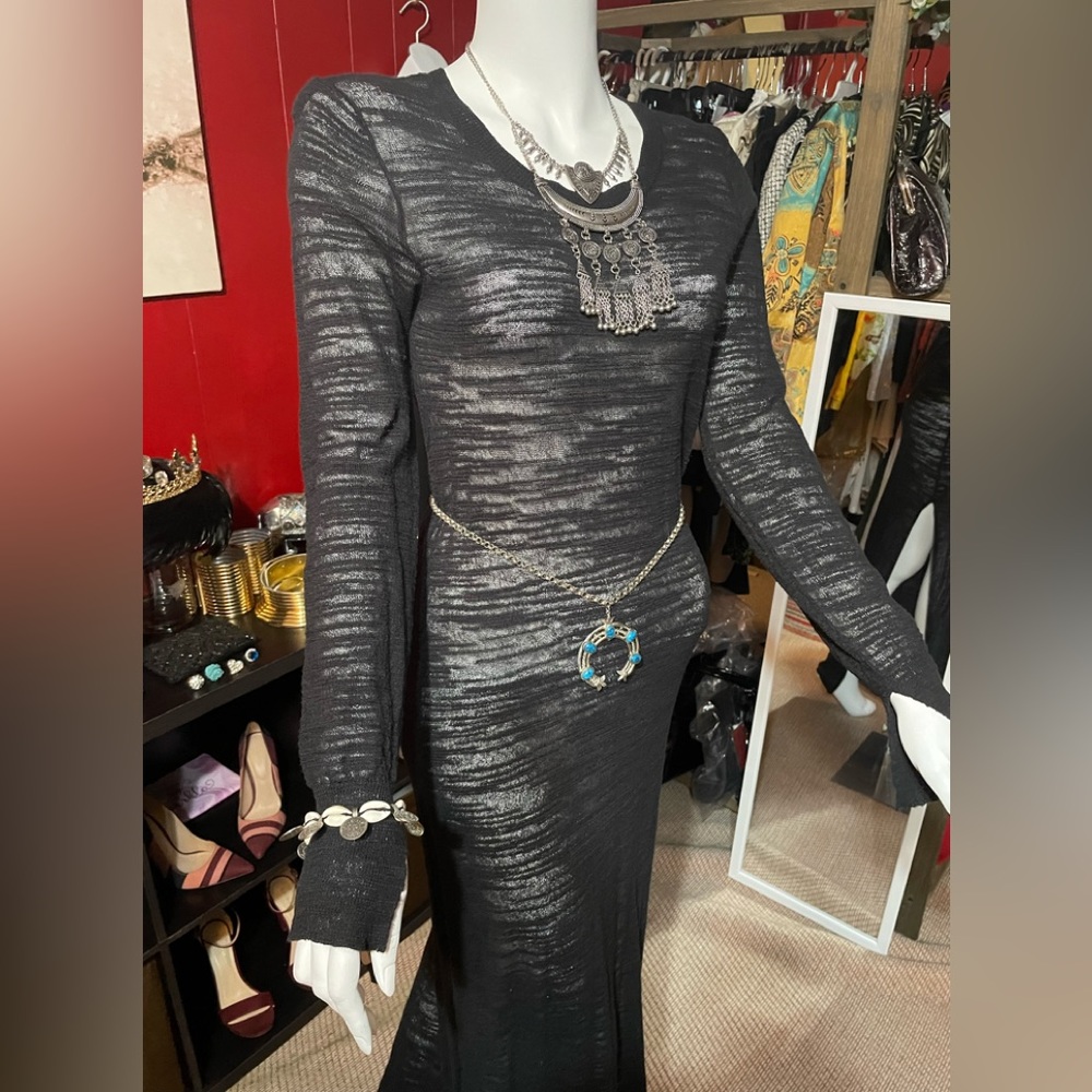 NWT BCBGMAXAZRIA Size M Pencil Style Long Sleeve Black Sheer Dress W/Sllits